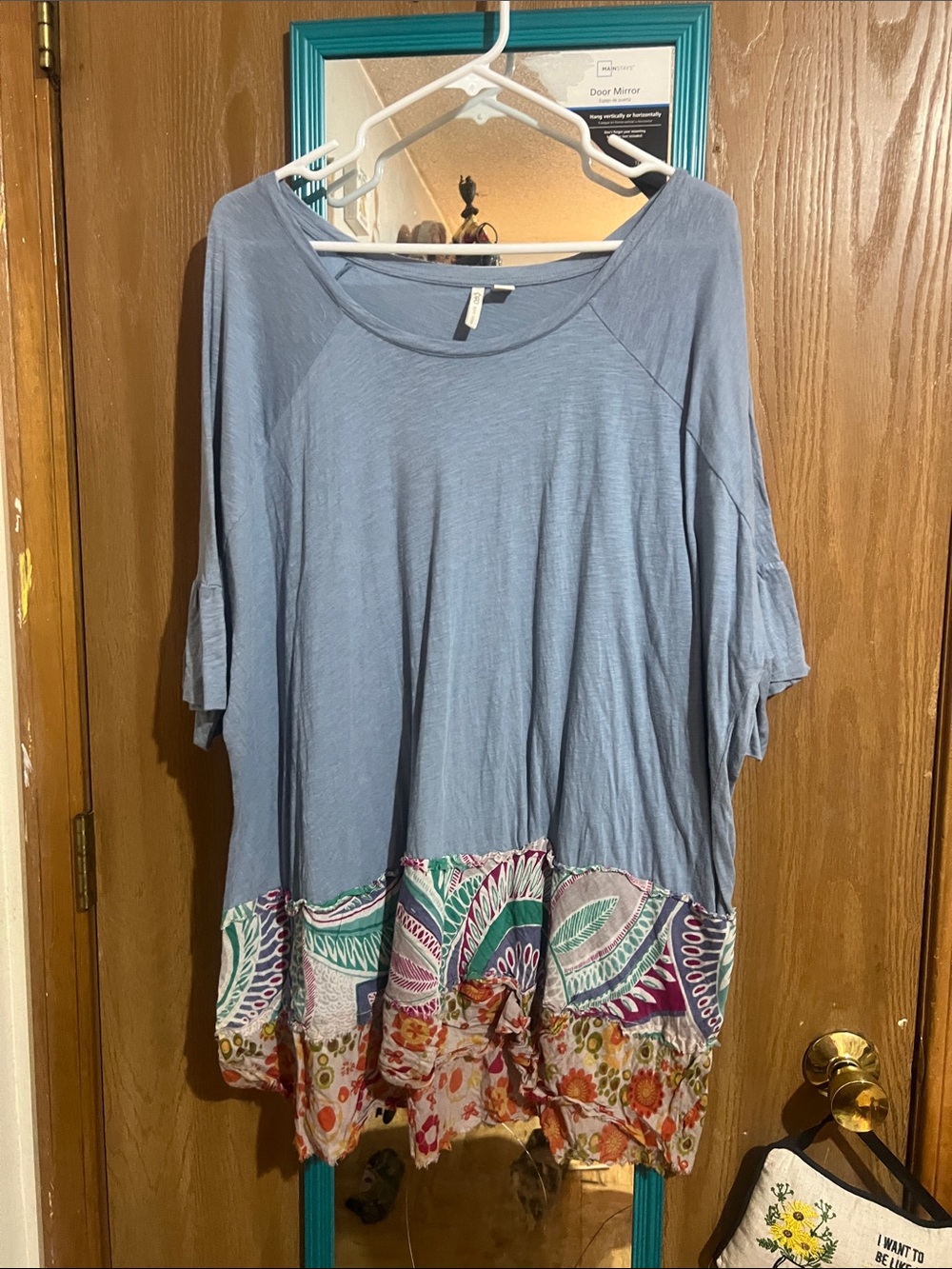 Cato Dusty Blue Tunic with Multicolor Printed Hem